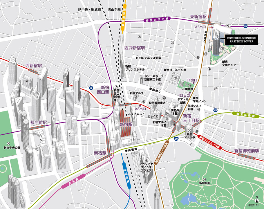 コンフォリア新宿イーストサイドタワー　周辺環境マップ